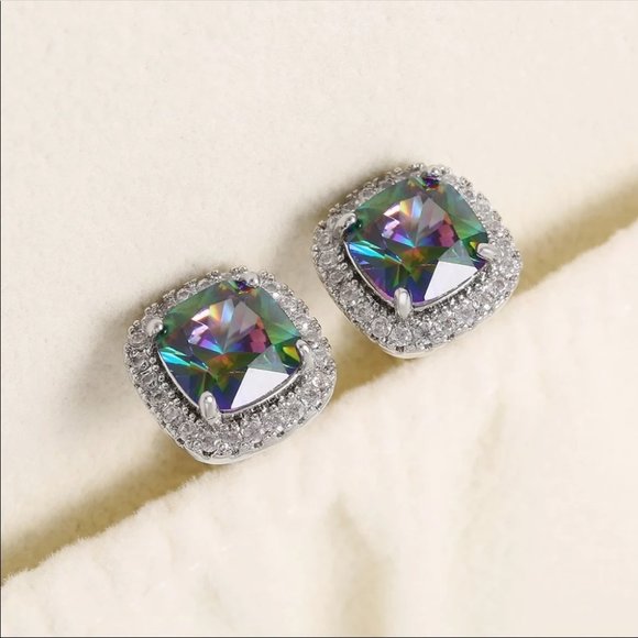 New Rainbow Square Cut Unisex Diamond Earrings - Picture 6 of 6